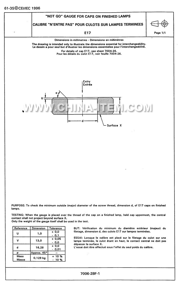 IEC60061-3 7006-28F-1 E17 No Go Gauge for Caps on Finished Lamps IEC60061-3 7006-28F-1 E17 No Go Gauge for Caps on Finished Lamps